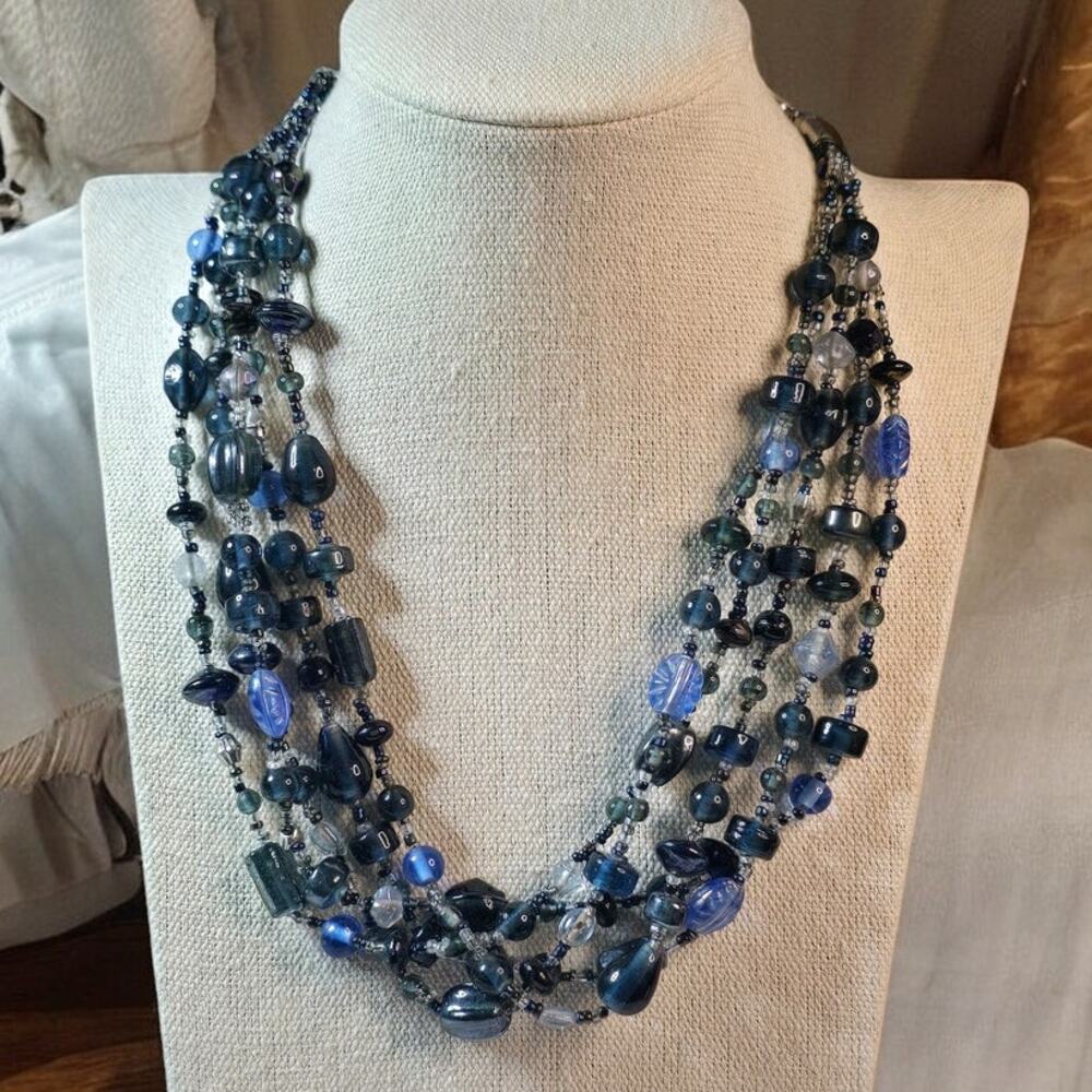 Blue Glass Beaded Necklace Multi Strand Layered Statement – Coastal Luxe